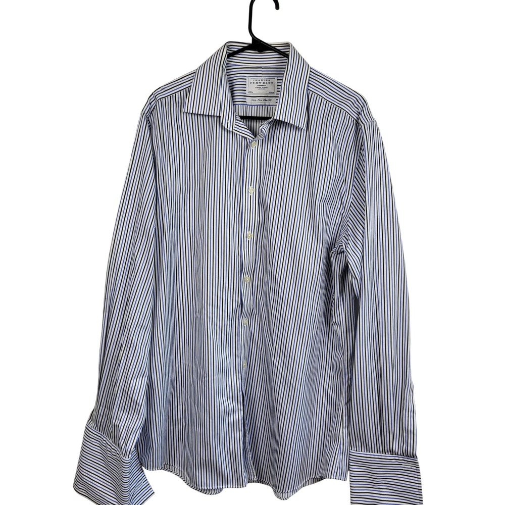 Charles Tyrwhitt Mens Dress Shirt 17 37 Blue Striped Non Iron Slim Fit Button